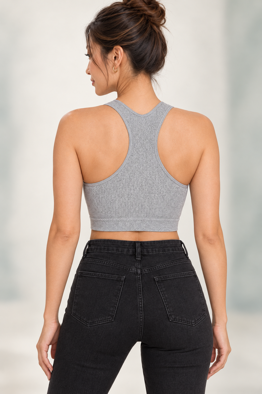 Zenana NT-6133A Heather Gray padded ribbed crop brami, racerback model view