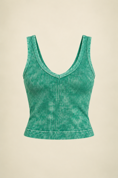 Zenana NTW-6192A Green mineral-washed ribbed V-neck crop brami, front ghost mannequin view
