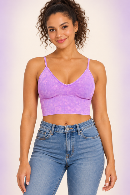 Zenana NTW-6204A Violet washed ribbed padded crop tank, front view