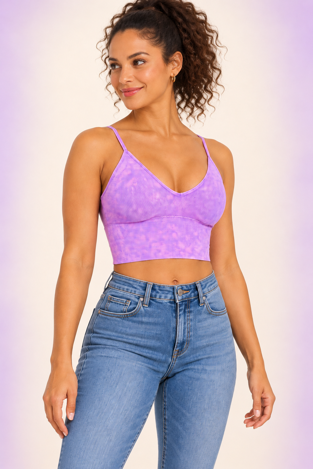 Zenana NTW-6204A Violet washed ribbed padded crop tank, left model view