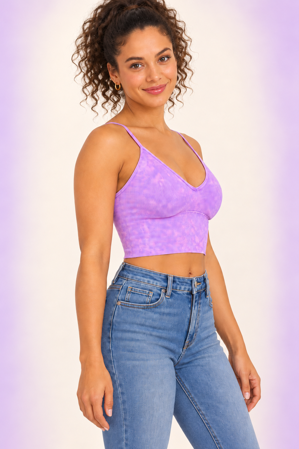 Zenana NTW-6204A Violet washed ribbed padded crop tank, right three-quarter model view