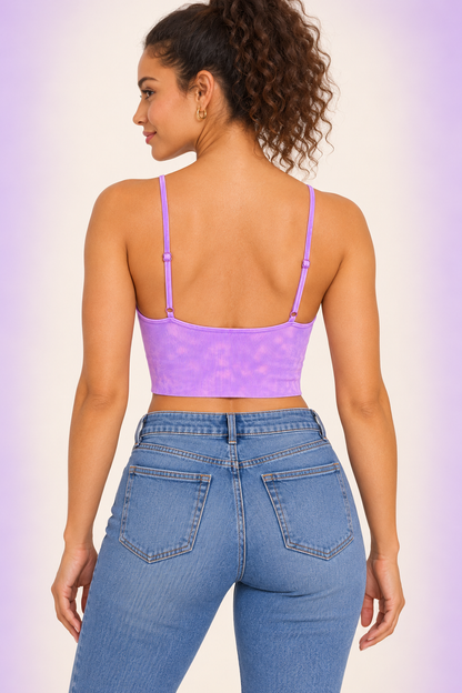 Zenana NTW-6204A Violet washed ribbed padded crop tank, back view with adjustable straps