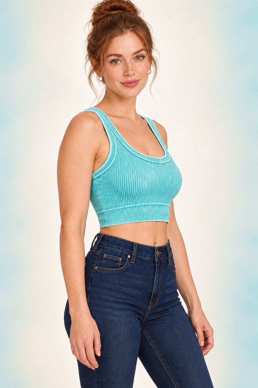 Zenana NTW-6206A washed teal ribbed scoop-neck crop tank, right three-quarter model view