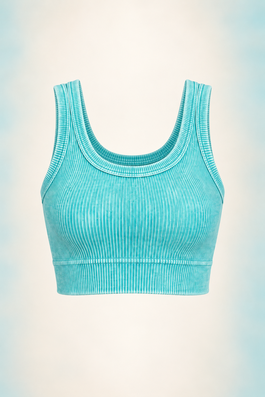 Zenana NTW-6206A washed teal ribbed scoop-neck crop tank, front ghost mannequin view