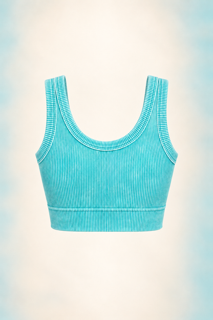 Zenana NTW-6206A washed teal ribbed crop tank, scooped-back ghost mannequin view