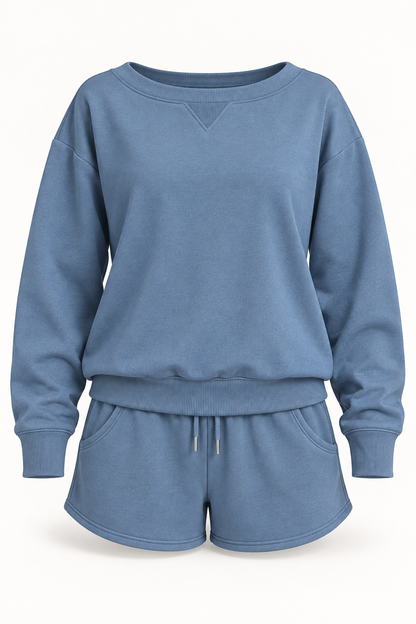 Zenana OTOP-4379A5 Dusty Blue sweatshirt and shorts set — front ghost view