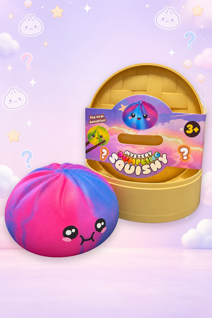 Pink-and-blue jumbo dumpling squishy with a smiling face beside its steamer-style package