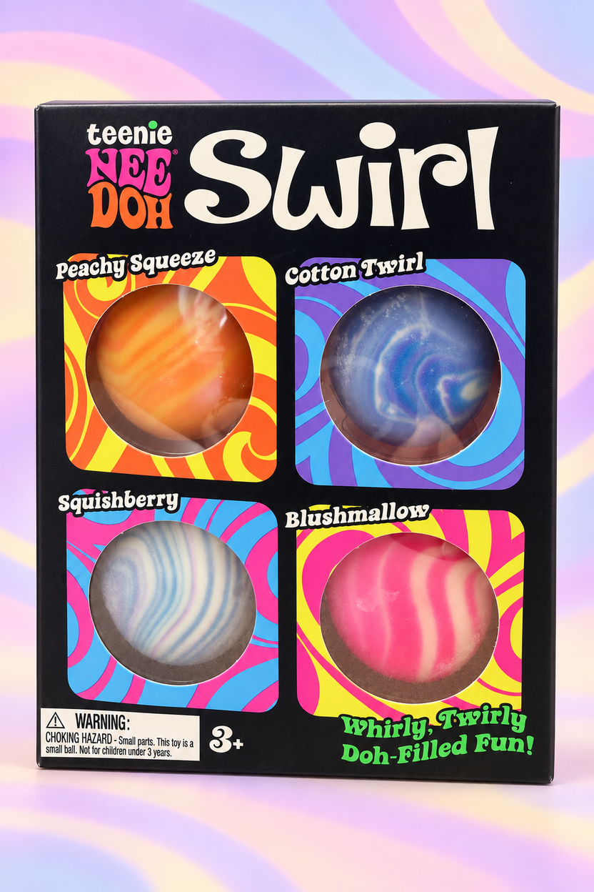 Schylling Teenie NeeDoh Swirl four-pack with Peachy Squeeze, Cotton Twirl, Squishberry and Blushmallow