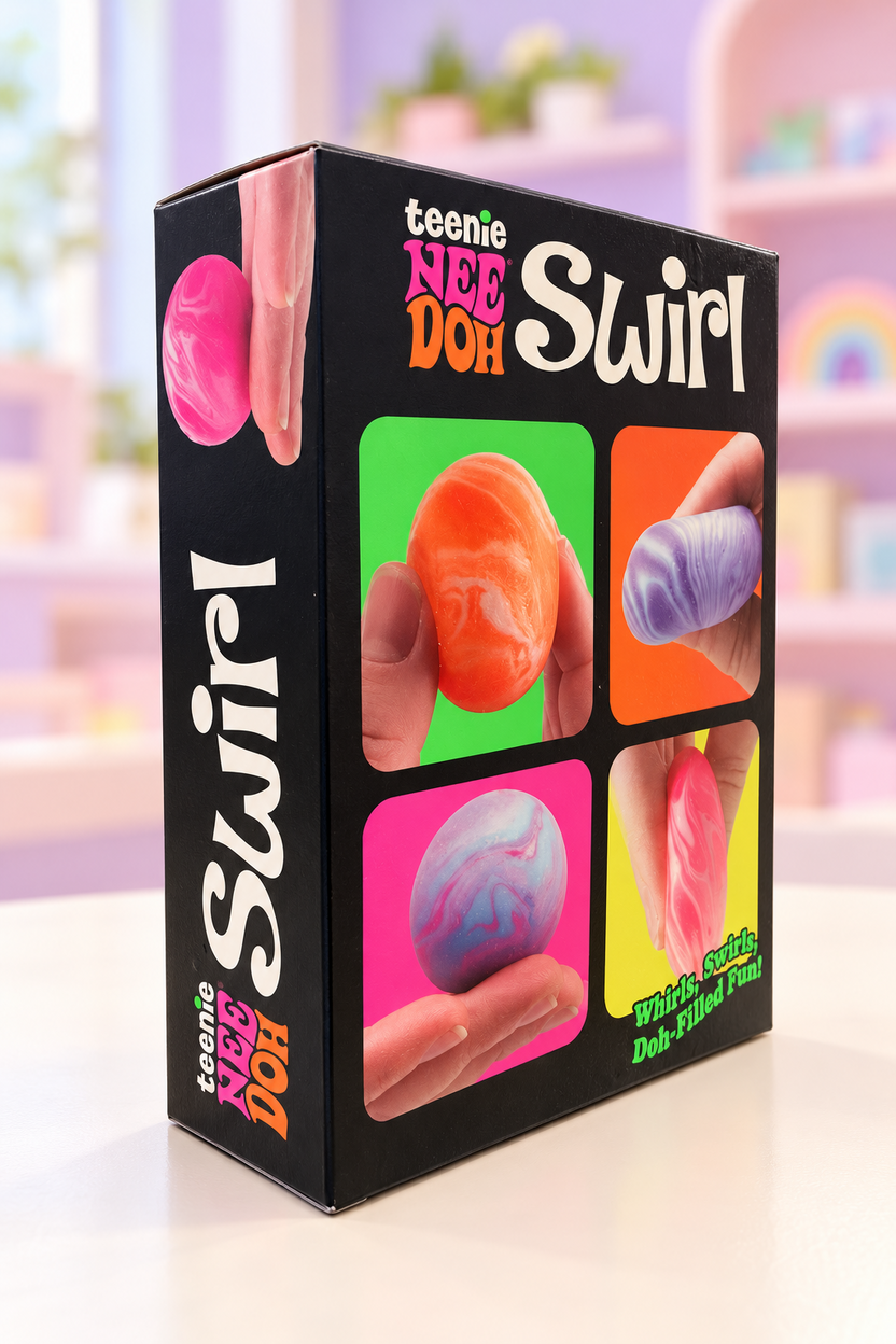 Teenie NeeDoh Swirl package side illustrating the mini balls being squeezed