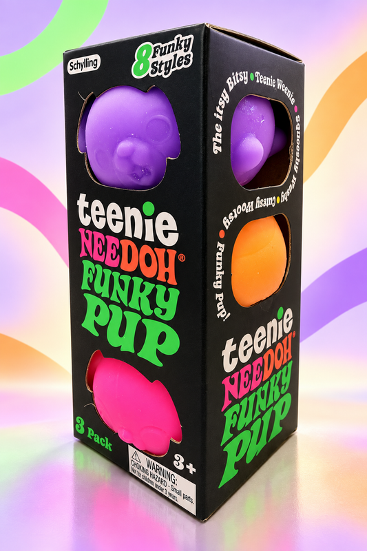 Schylling Teenie NeeDoh Funky Pup 3-pack pictured with purple, orange and bright-pink pups