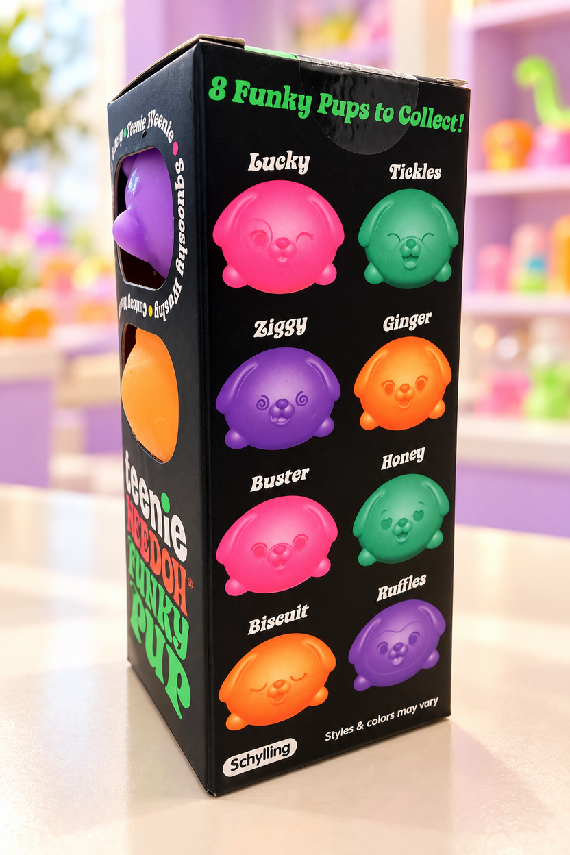 Funky Pup package showing Lucky, Tickles, Ziggy, Ginger, Buster, Honey, Biscuit and Ruffles