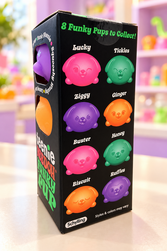 Funky Pup package showing Lucky, Tickles, Ziggy, Ginger, Buster, Honey, Biscuit and Ruffles
