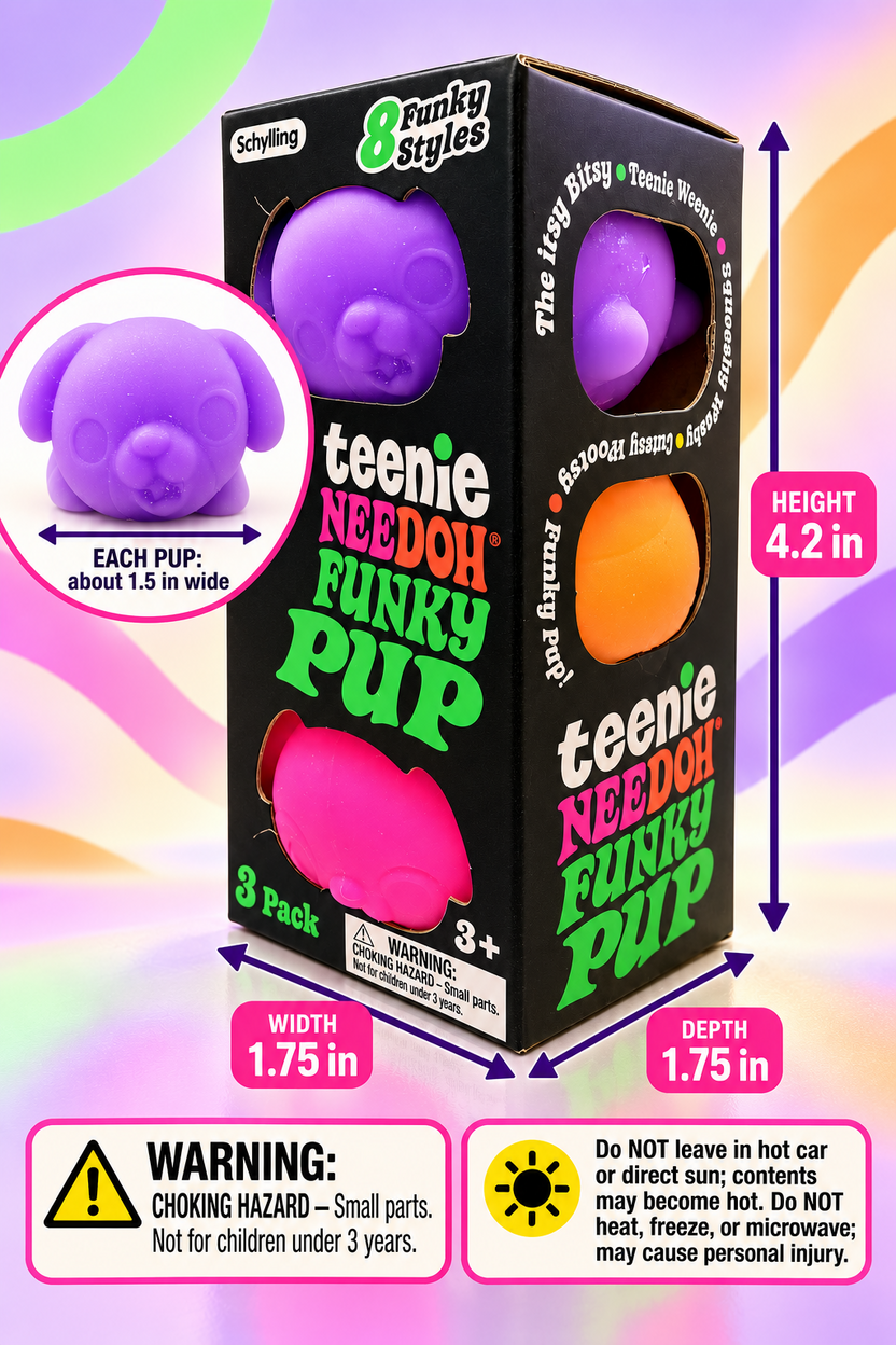 Purple, orange and pink Funky Pup package with approximate dimensions and safety warnings