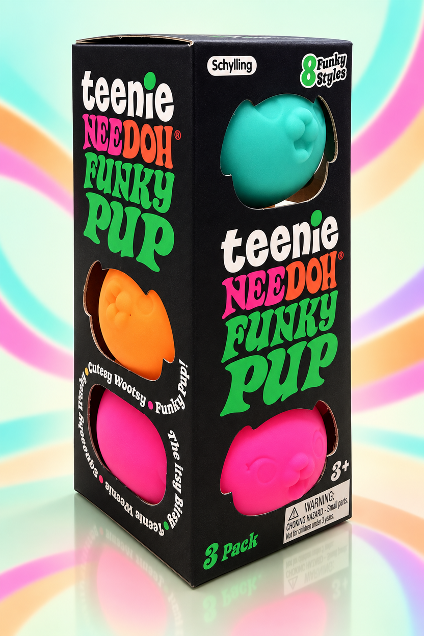 Schylling Teenie NeeDoh Funky Pup sealed 3-pack with teal, orange and bright-pink pups