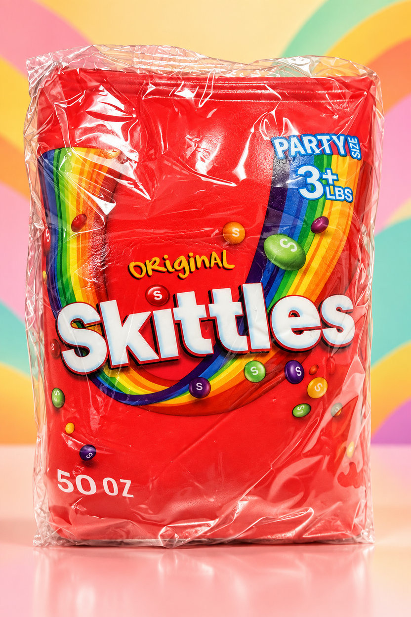 Individually wrapped red candy-package foam squishy toy with Skittles artwork
