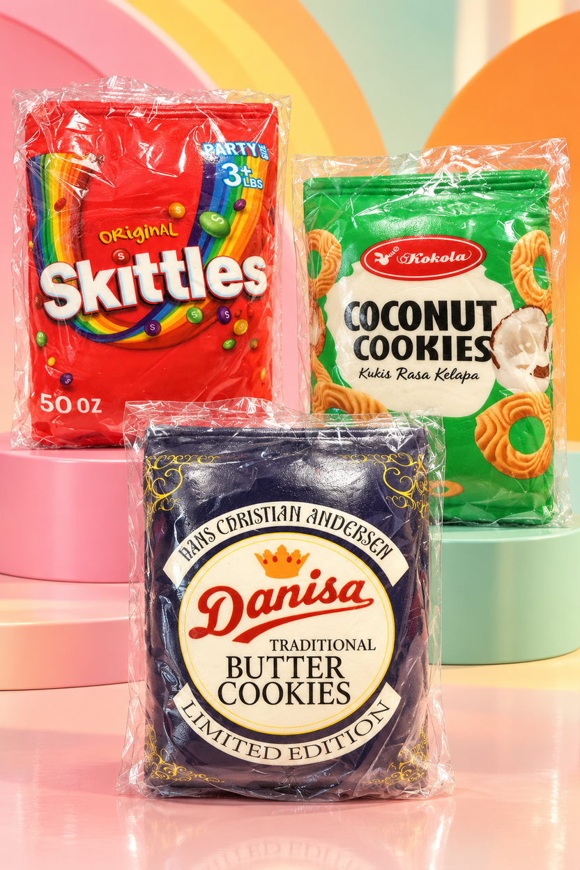 Red candy-bag, green coconut-cookie and dark butter-cookie foam squishy styles; sold individually