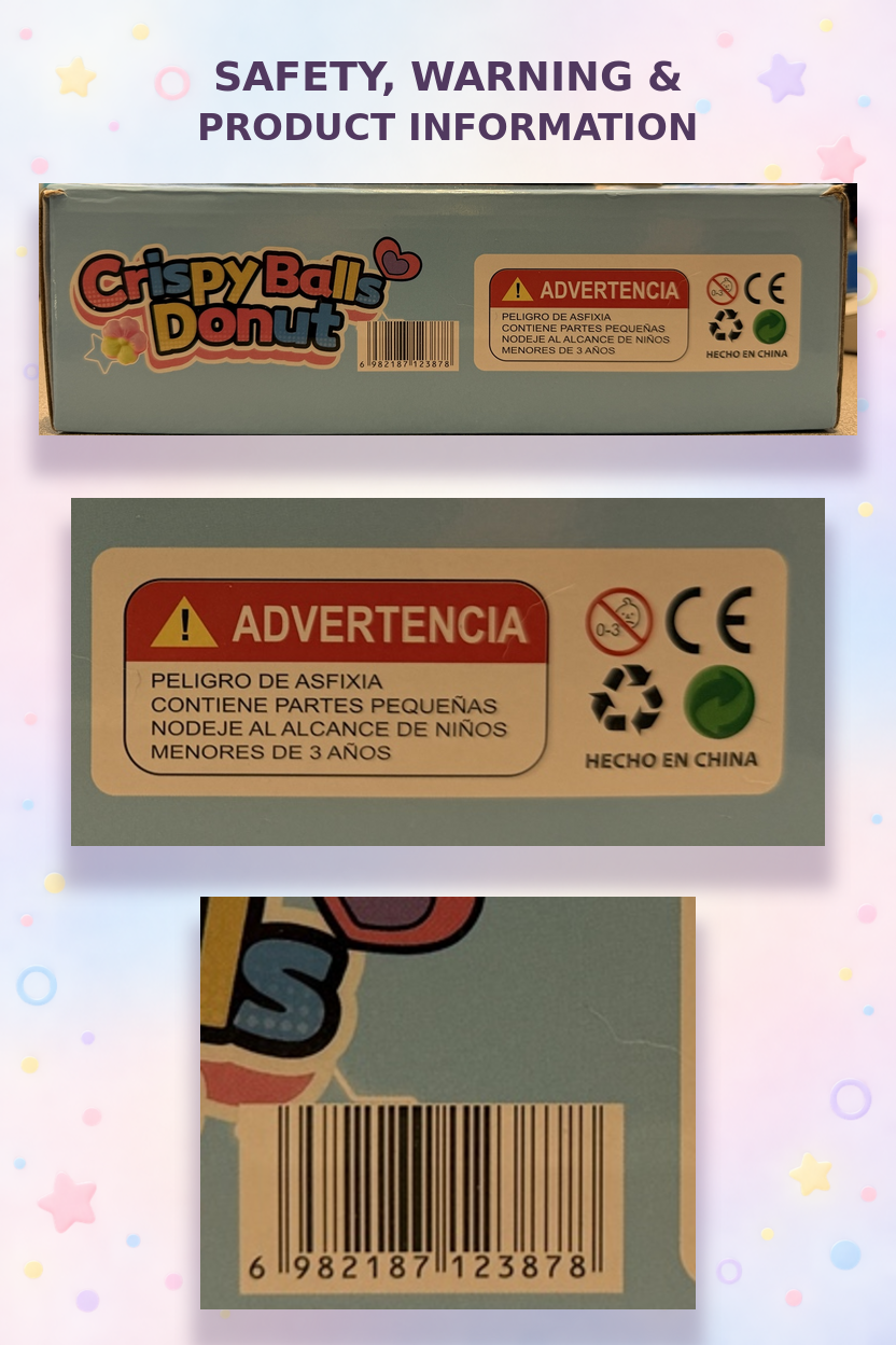 Crispy Balls Donut packaging with small-parts warning, product information and barcode