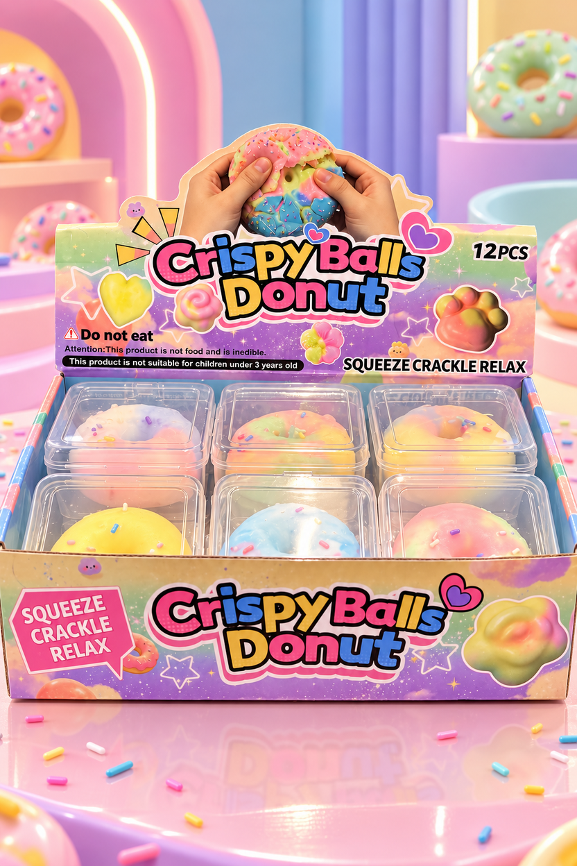 Crispy Balls Donut countertop assortment display; this listing includes one selected donut, not the display
