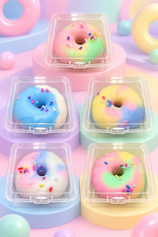 Five pastel Crispy Balls Donut color choices in individual clear containers