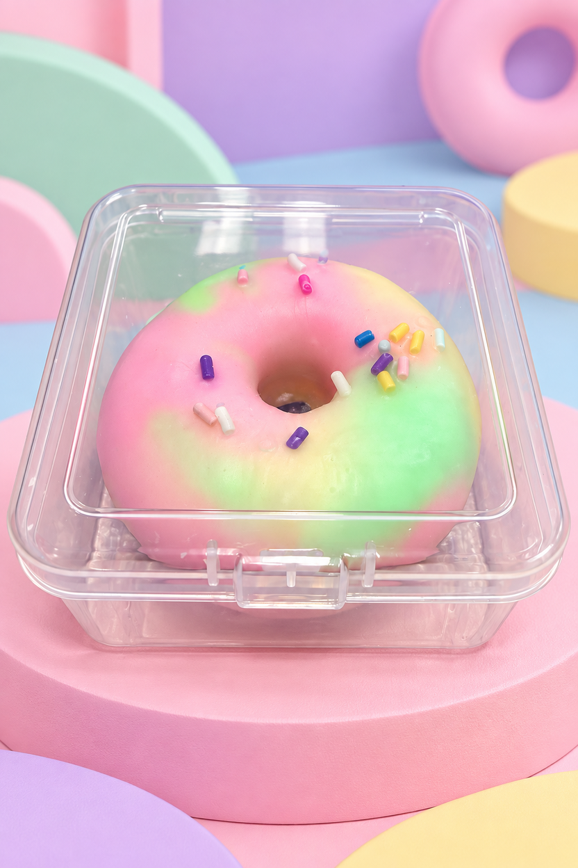 Pink, mint and yellow sprinkle-topped Crispy Balls Donut in a clear container