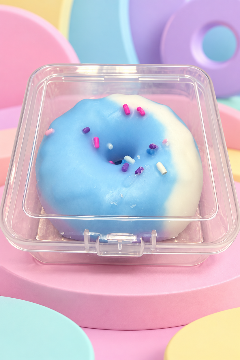 Blue and white sprinkle-topped Crispy Balls Donut in a clear container