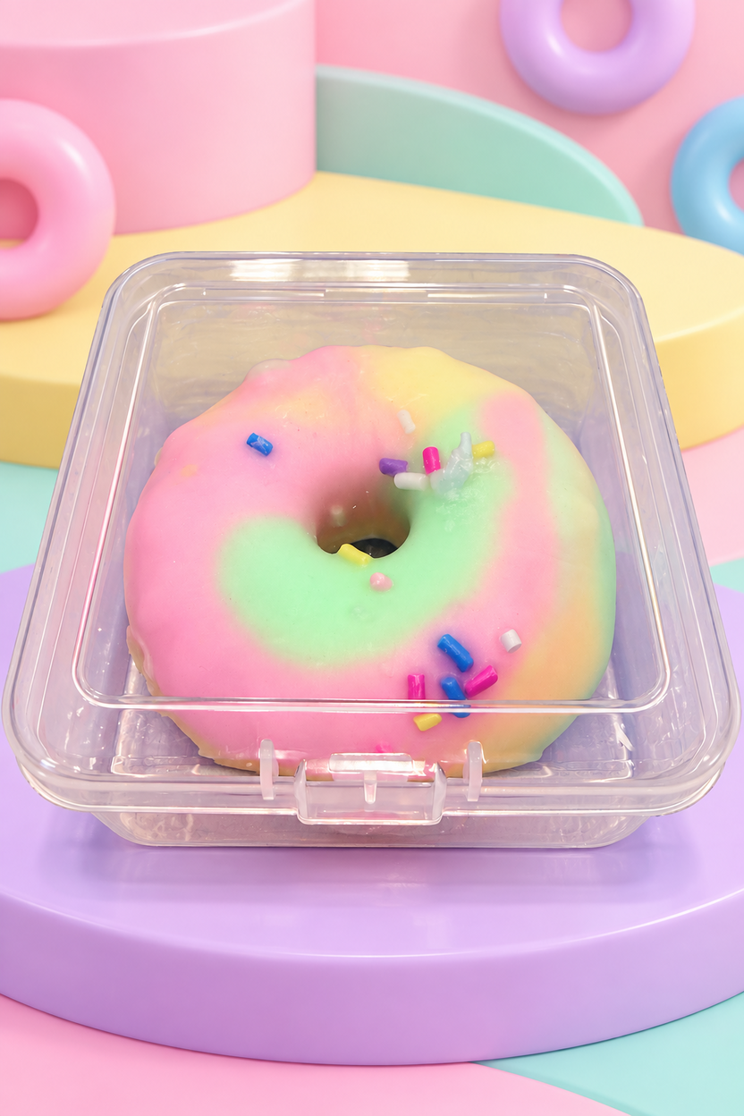 Pink, green and yellow swirl Crispy Balls Donut in a clear container