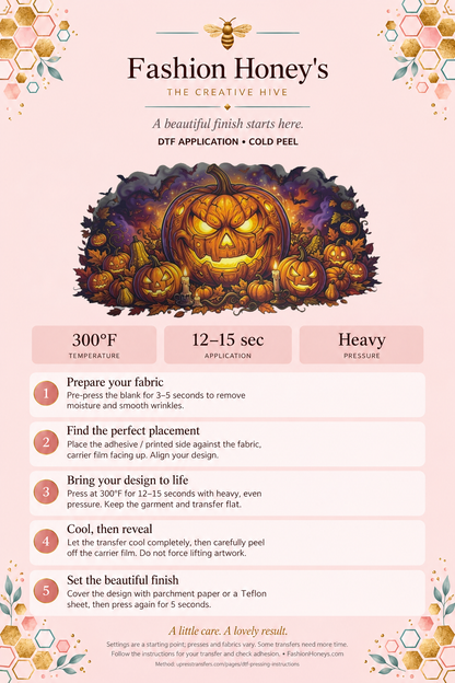 Fashion Honey’s pink DTF cold-peel application guide for Series 26 Halloween transfer