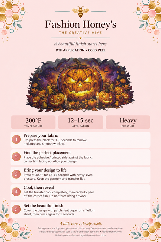 Fashion Honey’s pink DTF cold-peel application guide for Series 26 Halloween transfer