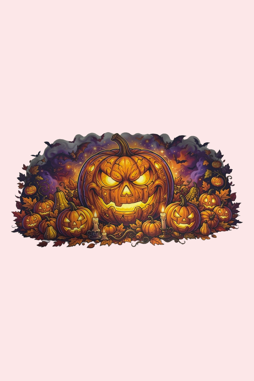 Series 26 Halloween DTF transfer with glowing jack-o’-lanterns, bats, candles and autumn leaves