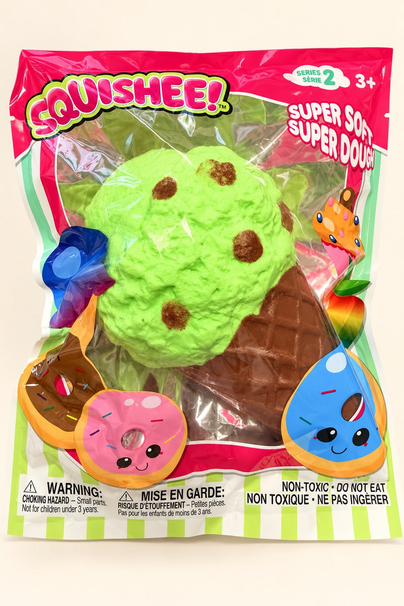 Sealed Squishee Series 2 green ice cream cone squishy in printed bag