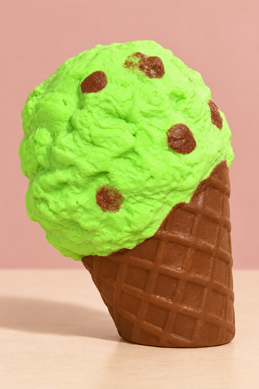 AI-assisted illustration of green textured ice cream cone squishy