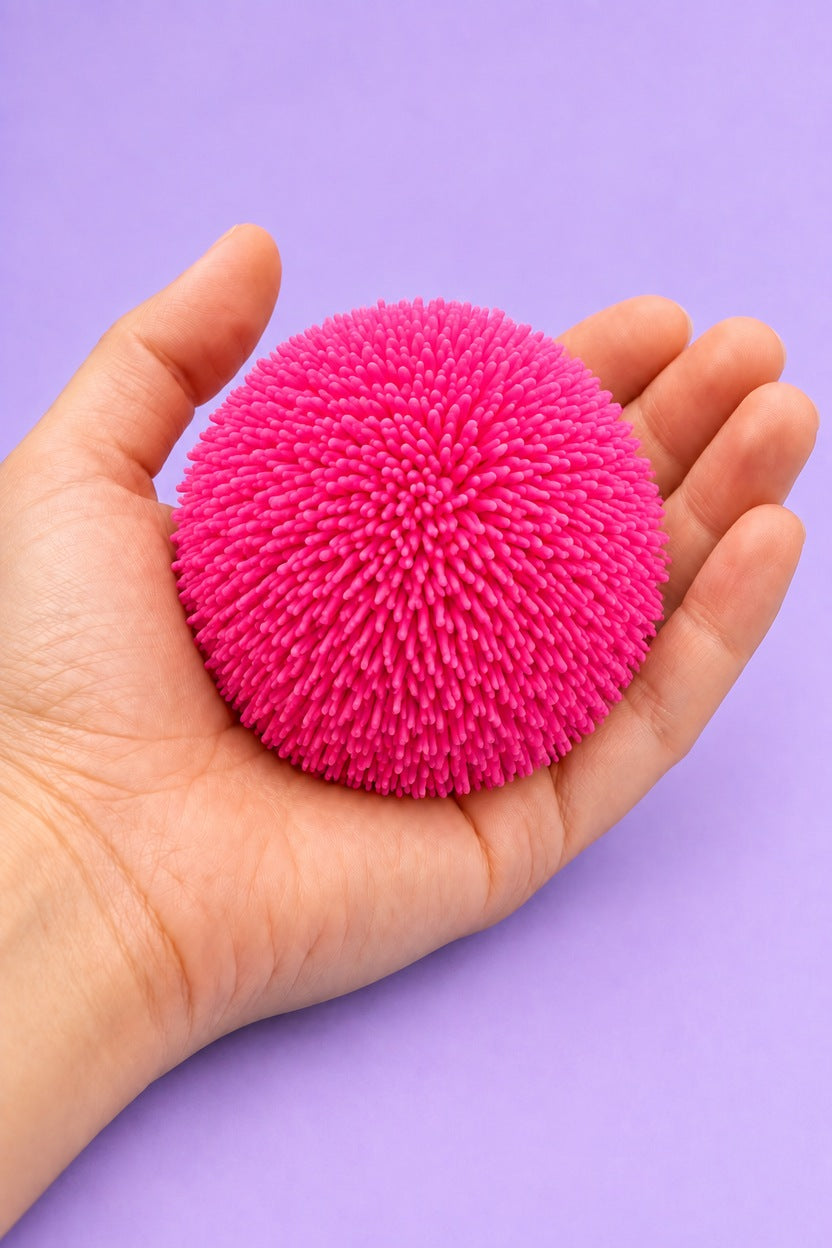 Illustrative hand scale reference for the pink Fuzz Ball; exact dimensions unverified