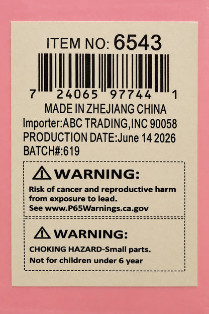 Straight-on close-up of item number, barcode, production details and warnings
