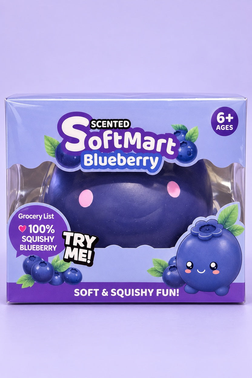 Front of SoftMart Blueberry package showing the squishy and ages 6+