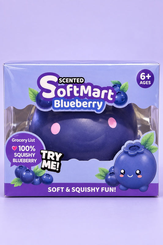 Front of SoftMart Blueberry package showing the squishy and ages 6+