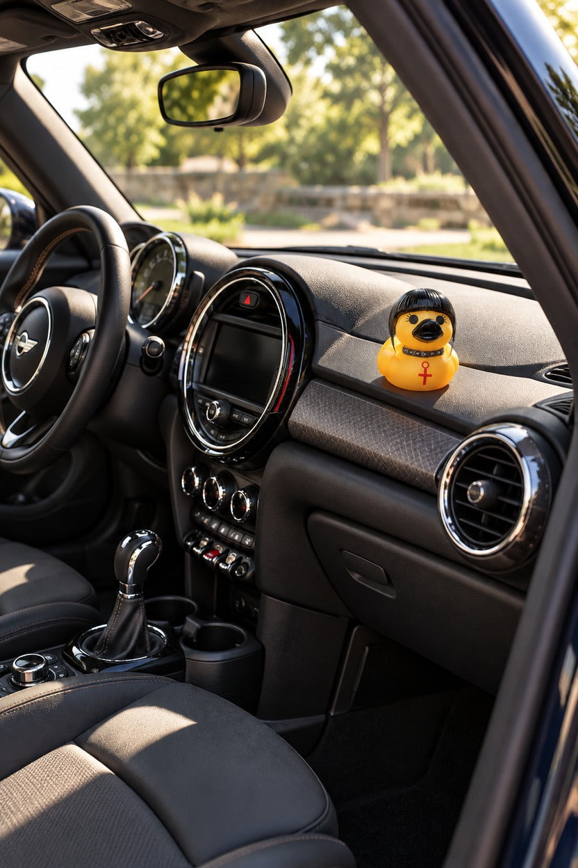 Lifestyle illustration of duck displayed on a parked MINI dashboard