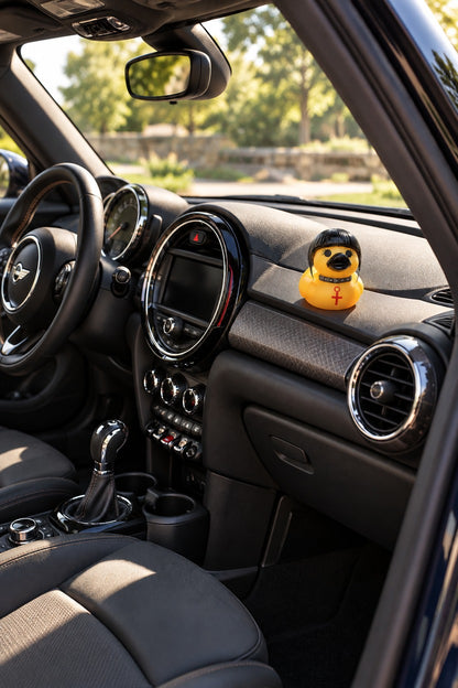 Lifestyle illustration of duck displayed on a parked MINI dashboard
