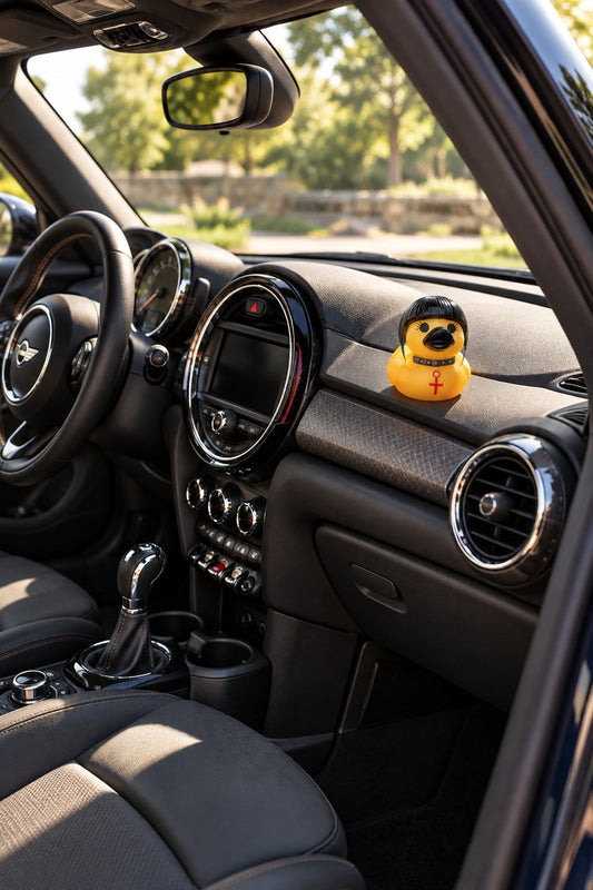 Lifestyle illustration of duck displayed on a parked MINI dashboard
