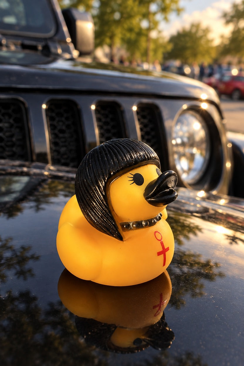 Lifestyle illustration of duck displayed on a parked Jeep hood