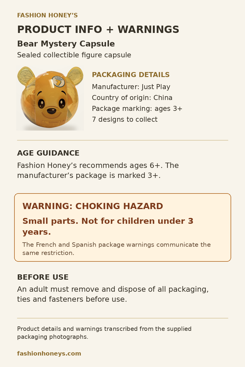 Bear mystery capsule package information and translated warnings: manufacturer ages 3+, retailer recommends 6+