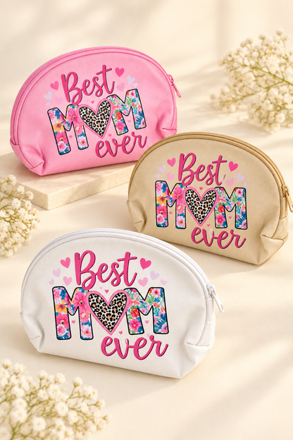 Best Mom Ever makeup bags in pink, tan, and white; sold individually.