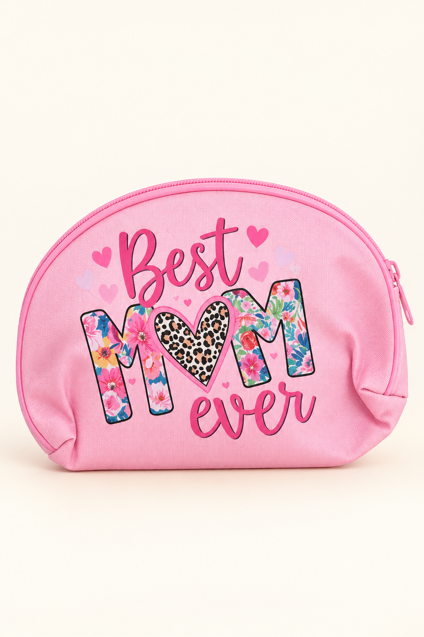 Best Mom Ever DTF-printed makeup bag in pink, with floral letters and leopard-print heart.