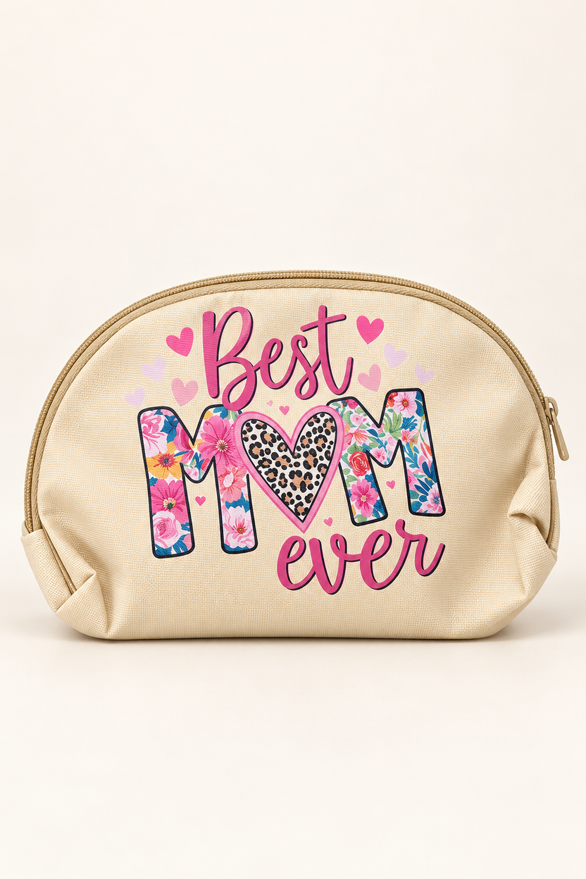 Best Mom Ever DTF-printed makeup bag in tan, with floral letters and leopard-print heart.