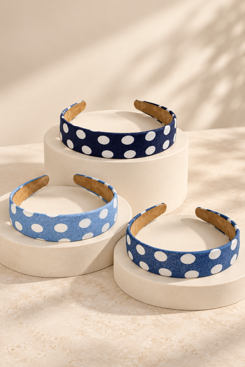 Light Blue Medium Blue and Navy wide white polka-dot headbands on an ivory boutique display