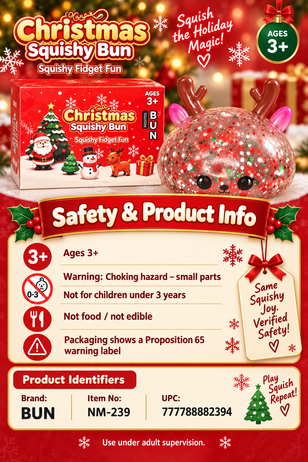 BUN Christmas Squishy Bun jumbo reindeer squishy safety information