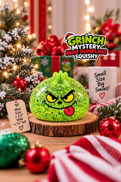 Individual green glitter Mini Grinch mystery dumpling pinch squishy in a professional Christmas product photo