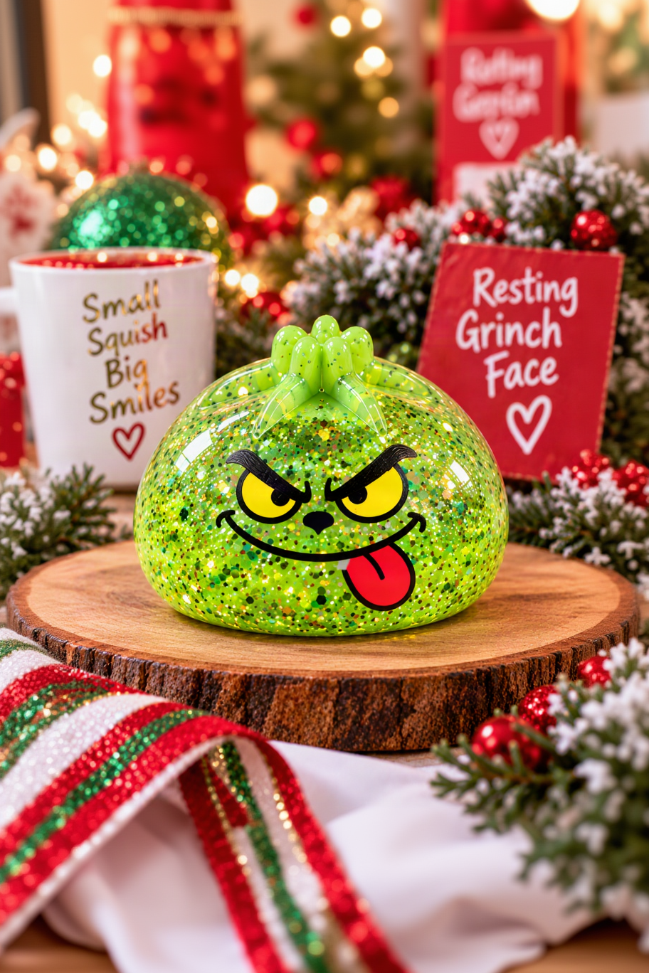 Individual green glitter Mini Grinch mystery dumpling pinch squishy with tongue-out face in a professional holiday scene