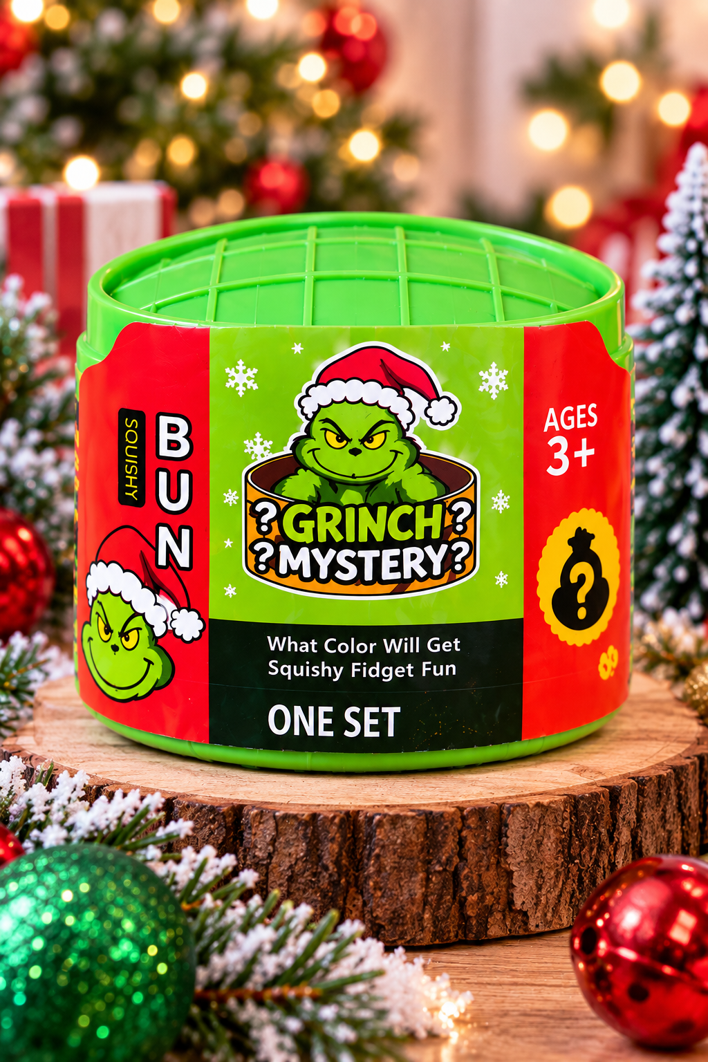 BUN Mini Grinch Mystery Dumpling retail package professionally staged on a festive background
