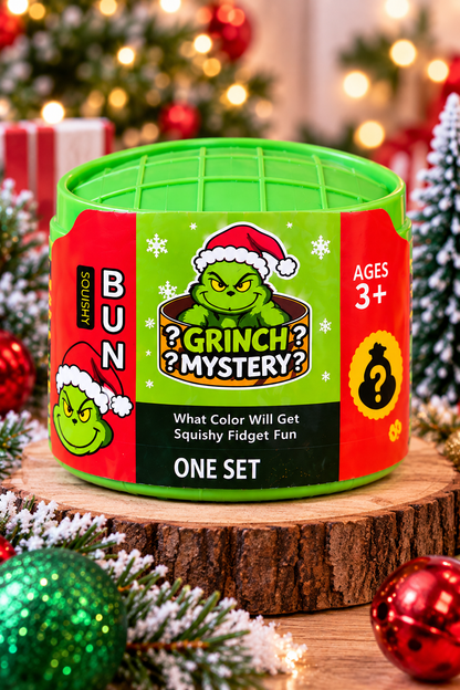 BUN Mini Grinch Mystery Dumpling retail package professionally staged on a festive background