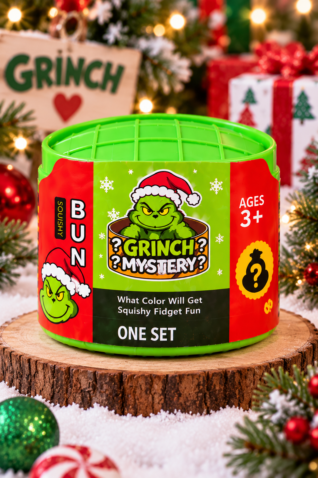 BUN Mini Grinch Mystery Dumpling retail package front on a professional Christmas background